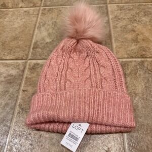 LOFT Womens Pink Cable Knit Faux Fur Pom Pom Beanie Hat NWT 35772149
